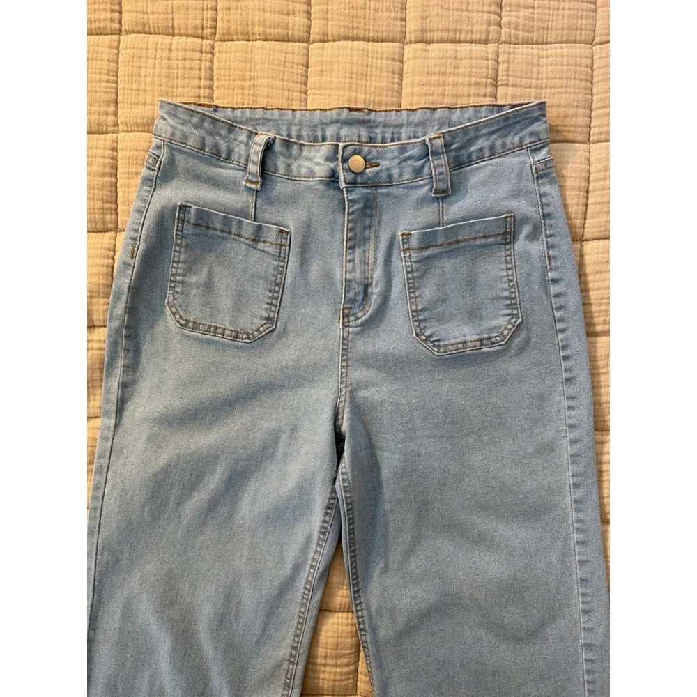 Unbranded Jeans Women XL Blue Wide Leg High Rise Front Patch Pockets Stretch